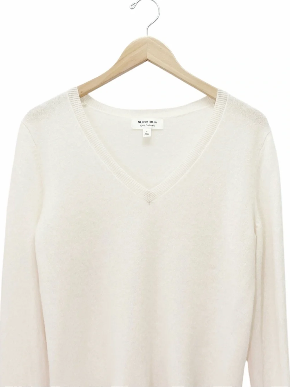 Nordstrom 100% Cashmere Sweater Large Ivory White V Neck Lightweight Pullover